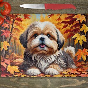 Shih Tzu Dog Fall Kitchen Textured Tempered Glass Trivet/Cutting Board